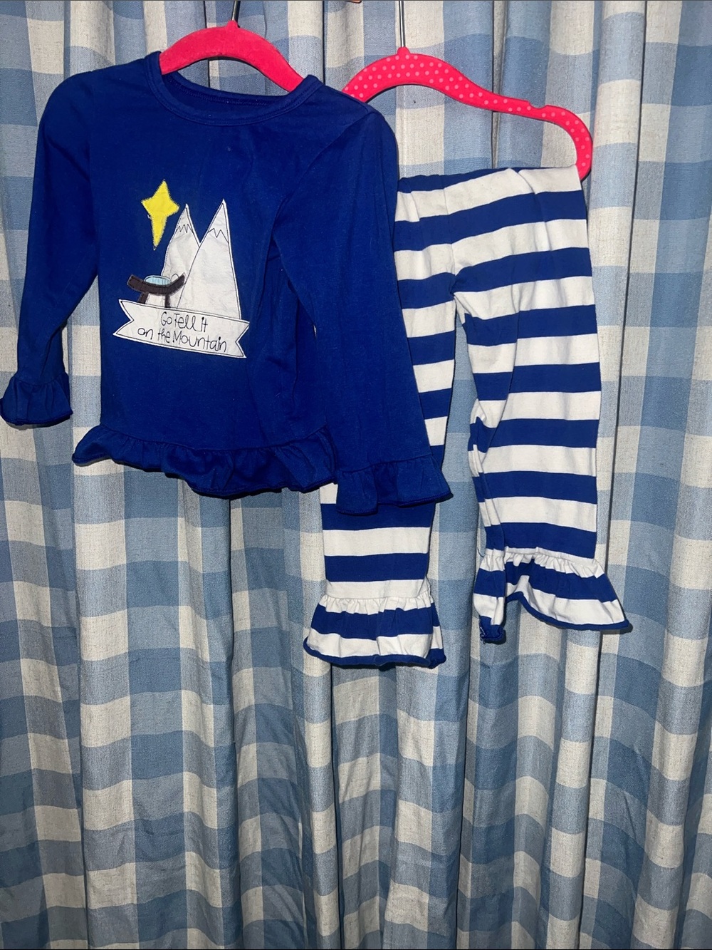 Navy Ruffled Mountain Graphic Top & Striped Ruffle Pants Set - Picture 3 of 6